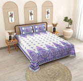 Amethyst Bloom Hand Block Cotton Double Bedsheet - Traditional Jaipuri Purple & White Pattern